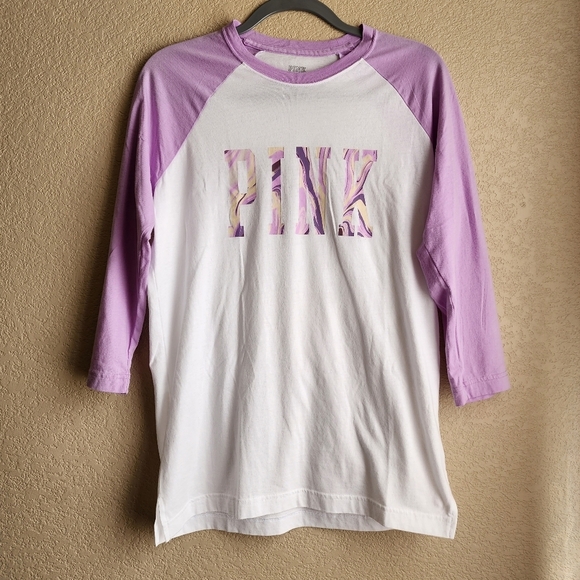 PINK Victoria's Secret Tops - Victoria's secret PINK white and purple shirt 3/4 sleeve Size XS-Medium